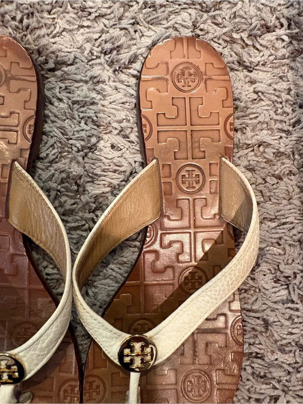 Tory Burch Thora Cream Leather Logo Thong Sandals with Gold Emblem